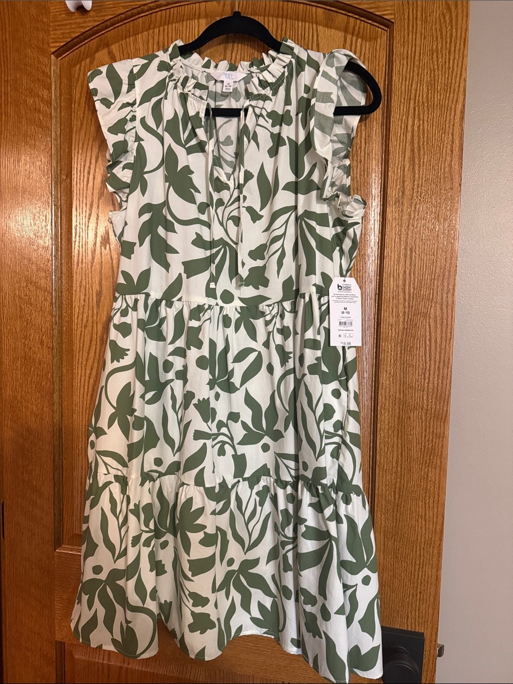 Time and Tru White Midi Dress with Green Leaf Print